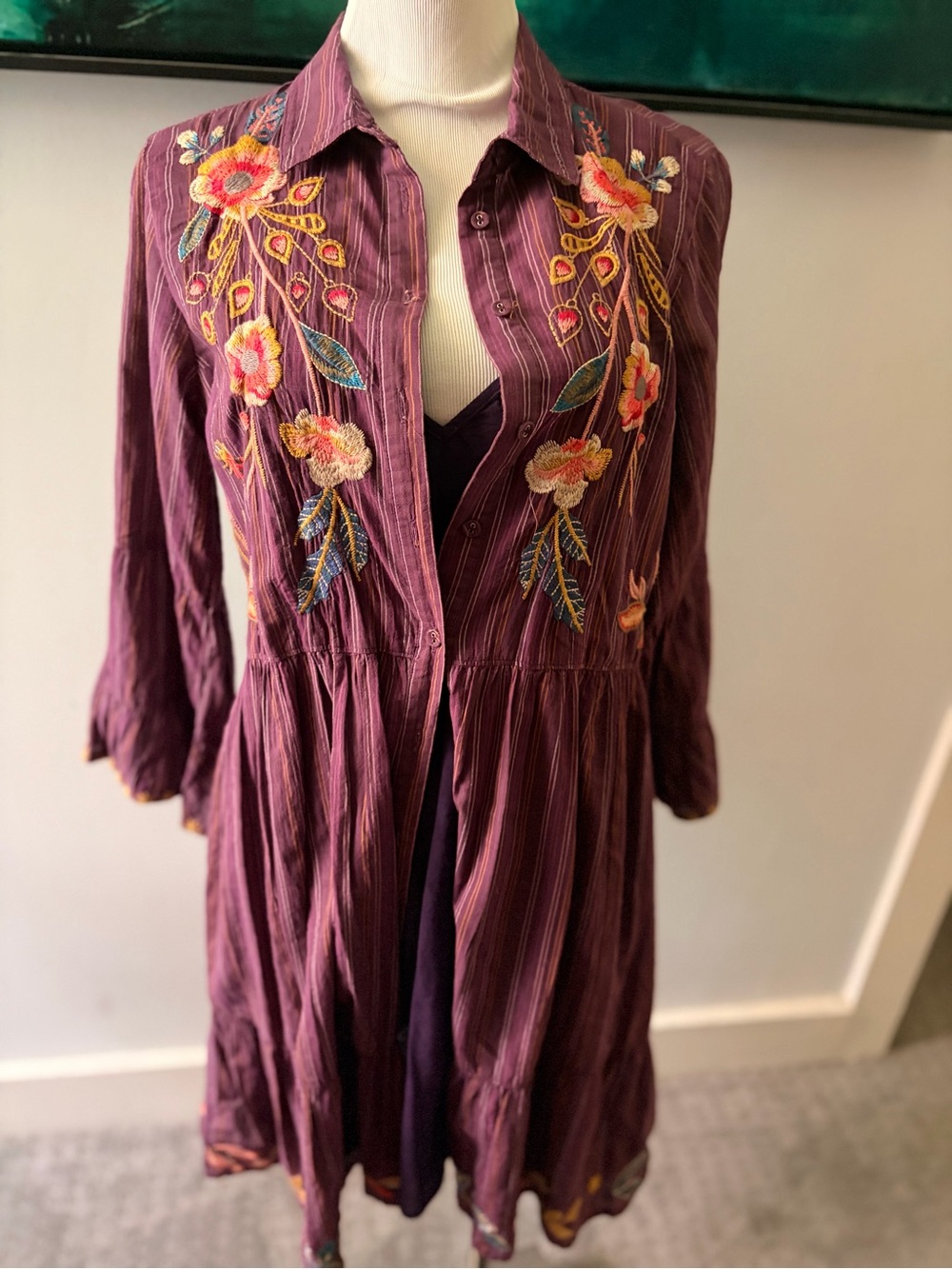 Johnny Was Embroidered Plum Long-Sleeve Button-Front Dress - Picture 6 of 6